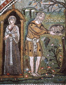 Angels announce the birth of Isaac to Abraham and Sarah; 6th-century mosaic from Church of San Vitale in Ravenna, Italy.