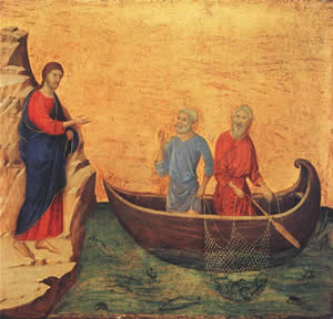 Duccio di Buoninsegna, The Calling of Peter and Andrew, 1308-11, Tempera on wood panel.