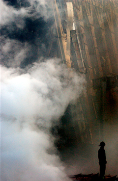 A solitary firefighter at Ground Zero on 9/11.