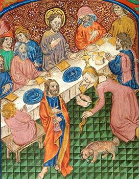 Mary Magdalen anointing Christ's feet. Illuminated manuscript, c. 1500.