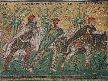 Mosaic of the magi presenting their gifts, c. 526, Ravenna.