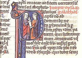 Paul gives his epistle to a Galatian, National Library of the Netherlands (France, 1300–1500).