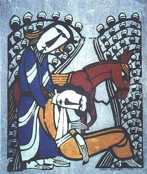 “The Good Samaritan” by Sadao Watanabe (1913-1996). Watanabe was a Japanese printmaker who made folk art style prints using biblical texts for inspiration.