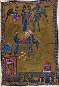 The Temptations of Christ, Melisende Psalter, Jerusalem, 1131-1143