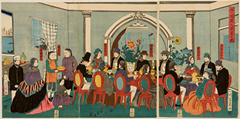 Utagawa Yoshikazu, Triptych: Foreigners from the Five Nations Enjoying a Banquet (1861).