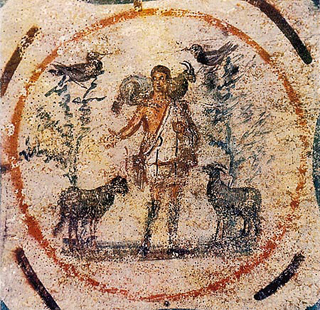 Jesus the Good Shepherd, the Catacomb of Priscilla, 250-300 AD.