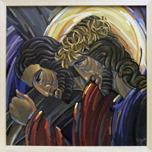 Simon of Cyrene carries the cross.